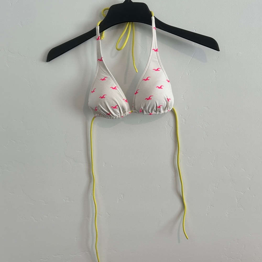 Vintage Hollister White Triangle Bikini Top with Neon Pink Seagull Logo Print
